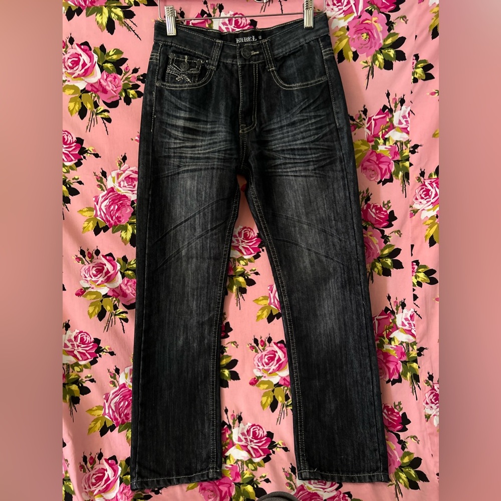 Rebel boys blue denim jeans wide leg loose size 12 26” vintage y2k rave baggy